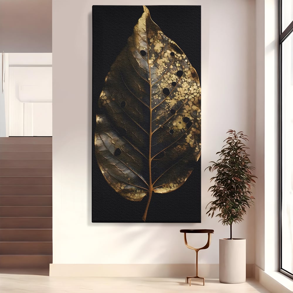 Tablou canvas cu tablou canvas cu frunza aurie pe fundal negru, fara rama, pe sasiu de lemn